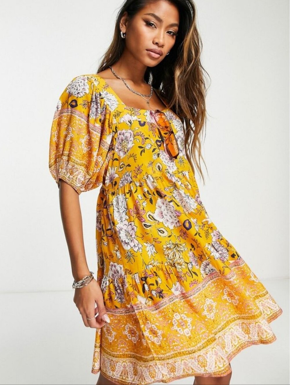Bog Collective Floral Square-Neck Midi Dress in Mustard Yellow Size M